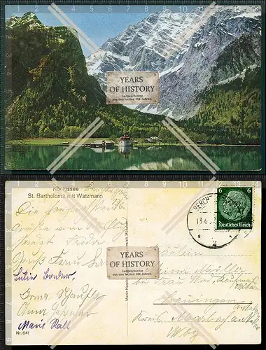 AK Königssee Sankt Bartholomä mit Watzmann 1936 gelaufen