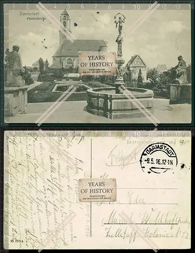 Orig. AK Darmstadt Pauluskirche mit Brunnen 1916 Feldpost gelaufen