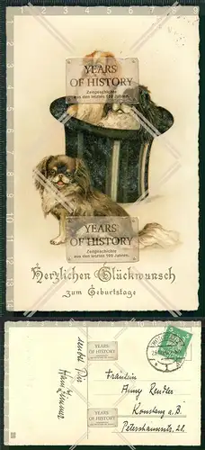 Orig. Foto AK Glückwunsch Hunde im Zylinder Pekinesen gel.1926