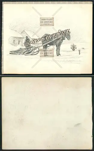 Orig. Handzeichnung Kutsche Pferd Dorf aus Kriegsskizzenbuch 16x13 cm Bleistiftz
