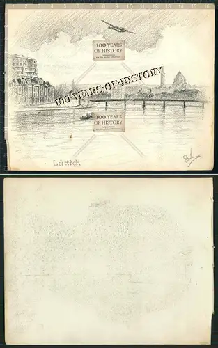 Orig. Handzeichnung Lüttich Belgien Flugzeug airplane Brücke Fluss aus Kriegsski