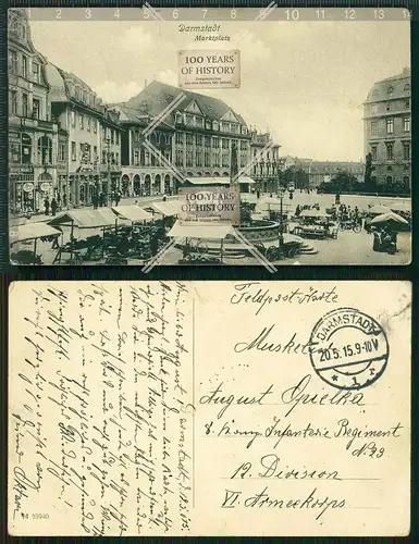 Orig. AK Darmstadt Marktplatz gel. 1915 Feldpost
