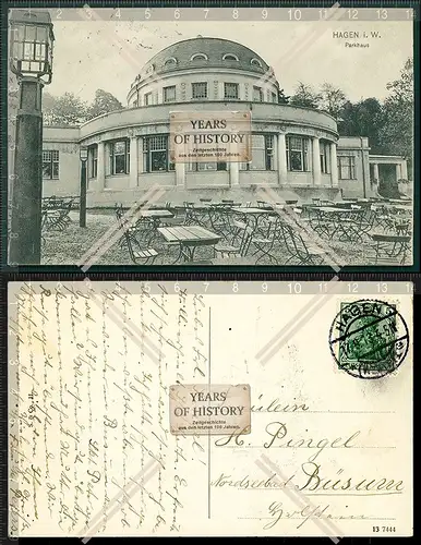 Orig. AK Hagen Westfalen Parkhaus 1913 nach Büsum Nordsee Bad Schleswig-Holste