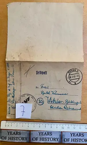 Feldpostbrief n. Wetzlar Gießen 1945 - Warthelager Posen Schule V Fahnenjunker 7