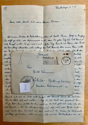 Feldpostbrief n. Wetzlar Gießen 1945 - Warthelager Posen Schule V Fahnenjunker 3