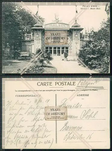 AK 1. WK Lille Nord Lille Palais d Ete Music Hall Feldpost Karte 1914