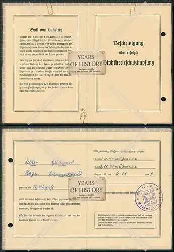 Bescheinigung  Ausweis erfolgte Diphtherie Schutzimpfung Hagen Haspe 1940