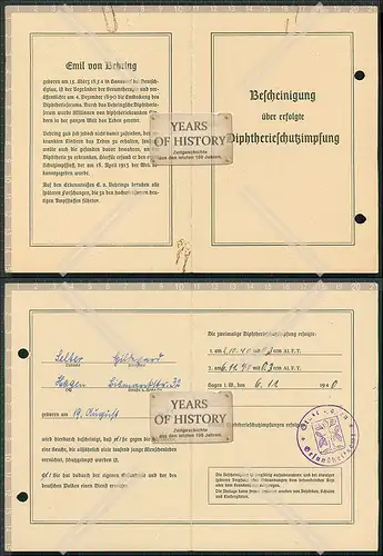 Bescheinigung  Ausweis erfolgte Diphtherie Schutzimpfung Hagen Haspe 1940      