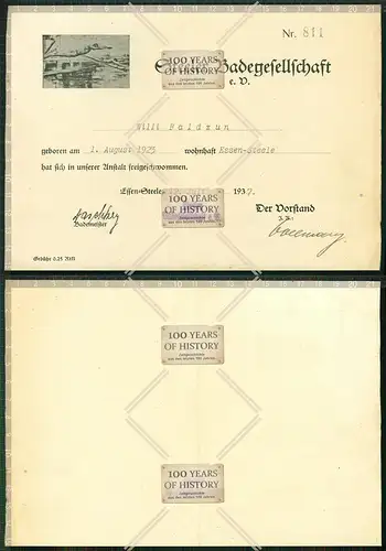 Orig. Urkunde Dokument Freischwimmer Essen-Steele 1937 Unterschrift Stempel