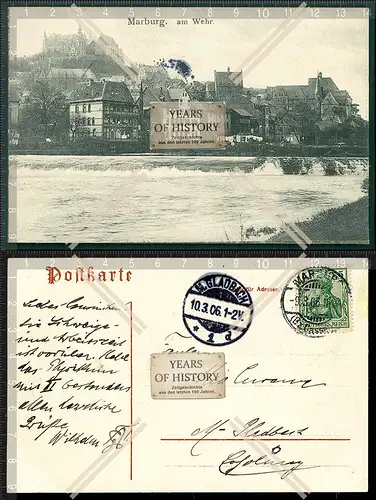 Orig. AK Marburg Lahn Wehr Blick zum Schloss gel. 1906