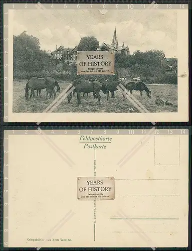 AK 1.WK  Feldpostkarte Frankreich Dorf mit Kirche und Pferde 1916