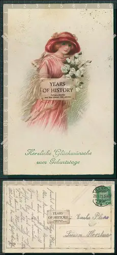 AK Litho Geburtstag junge Dame mit Blumenstrauß 1925 gelaufen