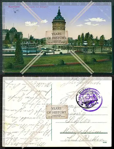 Orig. AK Mannheim Wasserturm mit Anlagen 1915 Feldpost gelaufen