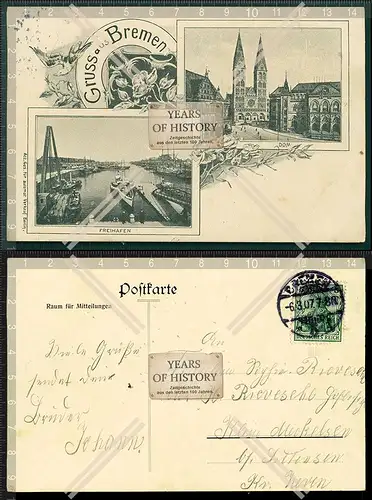 Orig. AK Bremen 1907 Freihafen Dom mehrfachansicht 1907 gelaufen Karte mit Knic