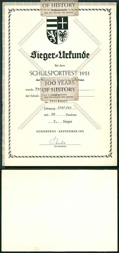 Orig. Sieger-Urkunde Schulsportfest Schortens Ostfriesland 1951 Dreikampf 2. Sie