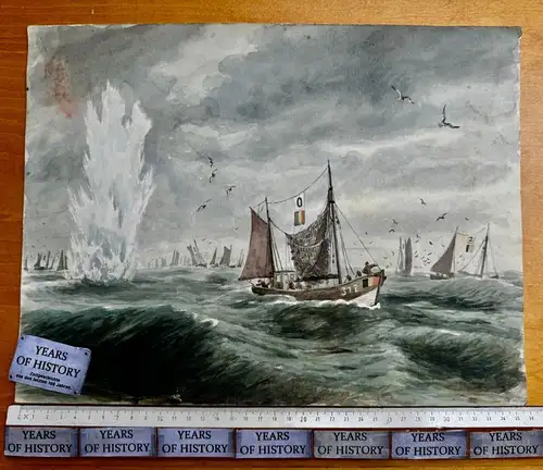 Orig. Aquarell 1943 Räumen von englischen Ziehleinenminen Ostende 36. MS Flott.