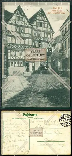 Orig. AK Bad Orb Hauptstraße Fachwerkhäuser Geschäfte 1915 gelaufen Main-Kin