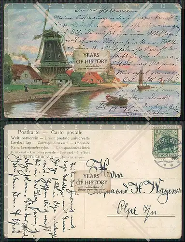 AK Künstler Windmühle Flusslandschaft Holland Niederlande signiert 1907 gelau