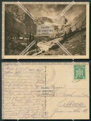AK Grainau Schutzhütte Unterkunftshütte am Höllentalanger 1924 gelaufen Berg