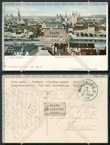 AK Würzburg Ansicht mit Festung 1908 nach Bielefeld Soldat Musketier gelaufen 