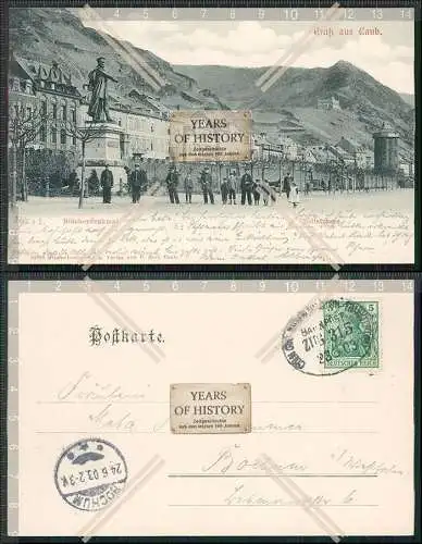 AK Kaub Rhein Blücher Denkmal Zollstraße 1903 Bahnpost gel. Kinder und Soldat