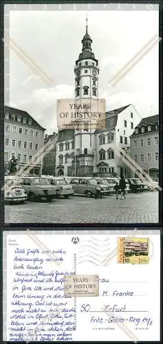 Foto AK Gera Rathaus Fahrzeuge Trabant Trabbi DDR gelaufen