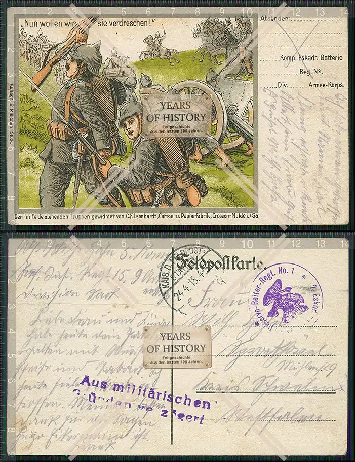 Künstler AK 1. WK Feldpostkarte 1915 gelaufen nun wollen wir sie verdreschen