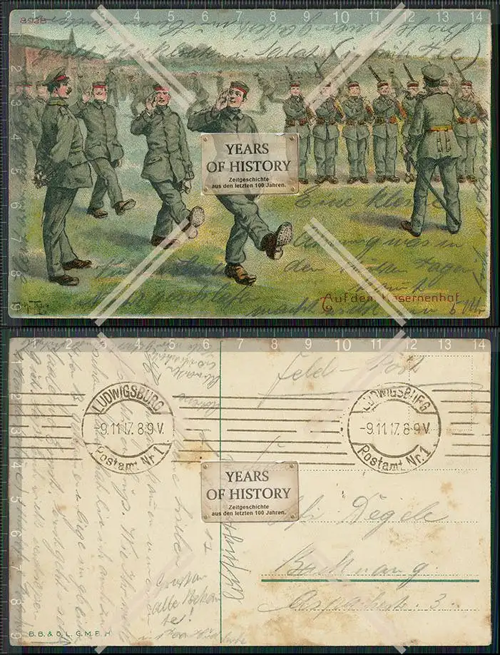 Künstler AK 1. WK Feldpostkarte Soldaten auf dem Kasernenhof exerzieren 1917 L