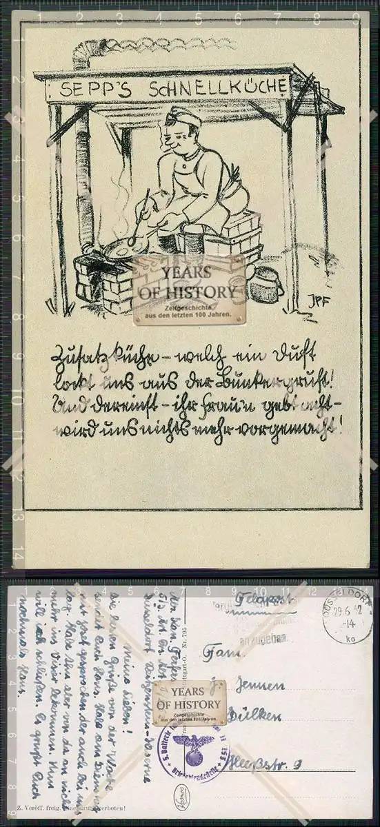 AK Feldpost Kosmos Karte Motiv Sepps Schnellküche 1942 gelaufen