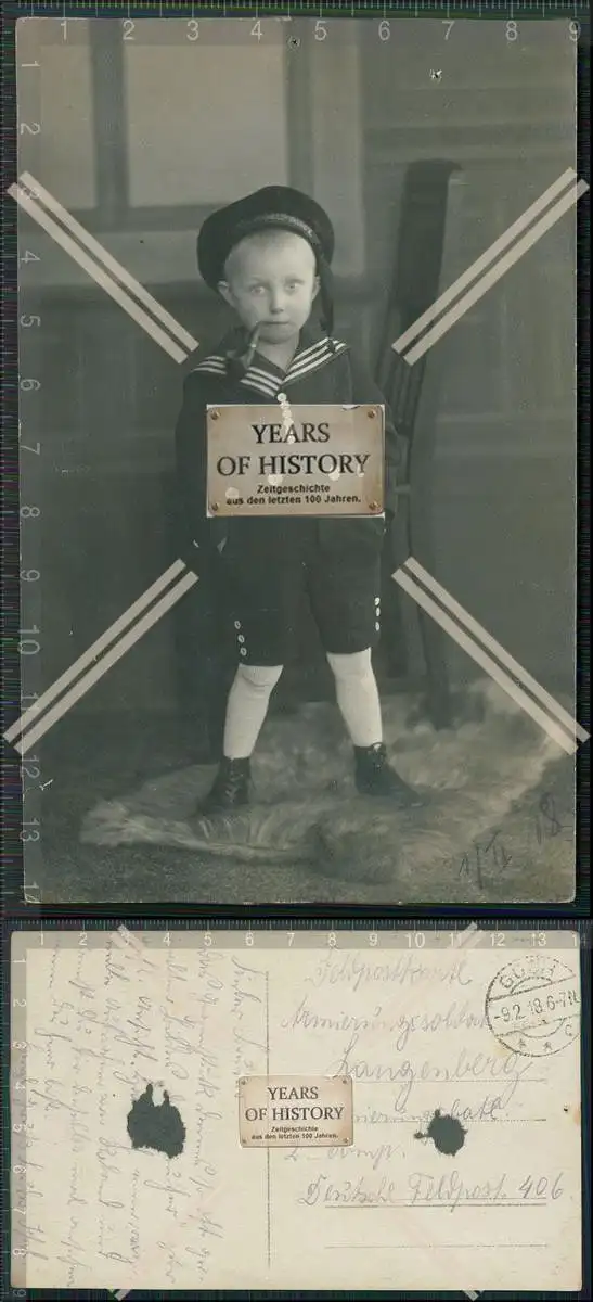 Foto AK kleiner Junge in Matrosenanzug 1918 Feldpost Goch Niederrhein gelaufen