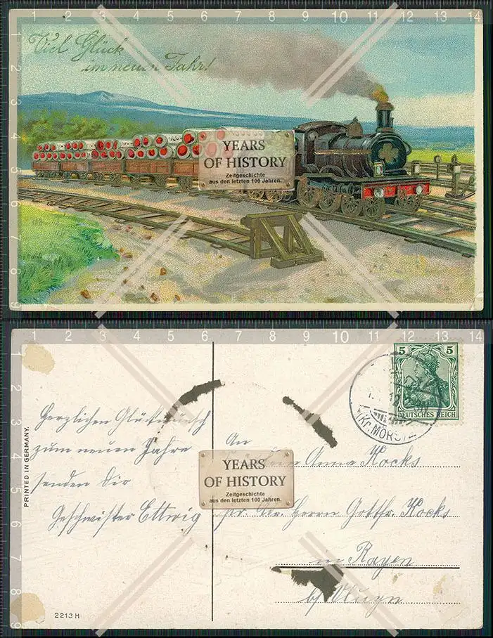 Foto AK Dampflokomotive Münzrollen Geld auf Wagen Kleeblätter Bahnhof 1912 ge