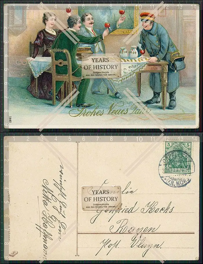 Foto AK Glückwunsch Neujahr Trinkende Menschen Tisch Postbote Geldbeutel 1911 