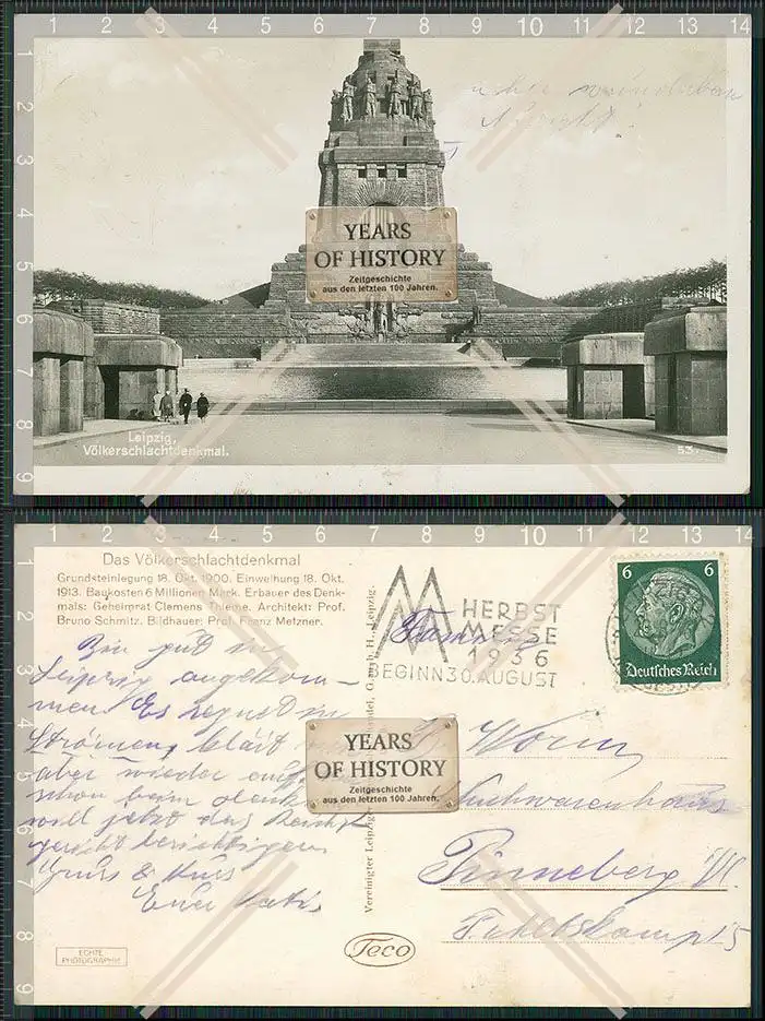 Foto AK Leipzig Völkerschlachtdenkmal 1936 mit Messestempel gelaufen