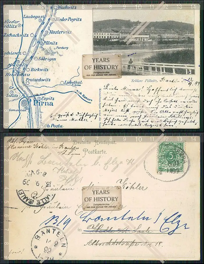 AK Schloss Pillnitz Karte Flusslauf Elbe Pirna u.a. 1899 Bahnpost gelaufen