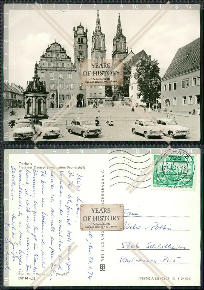 Foto AK Oschatz Platz der deutsch sowjetischen Freundschaft Karte DDR gelaufen