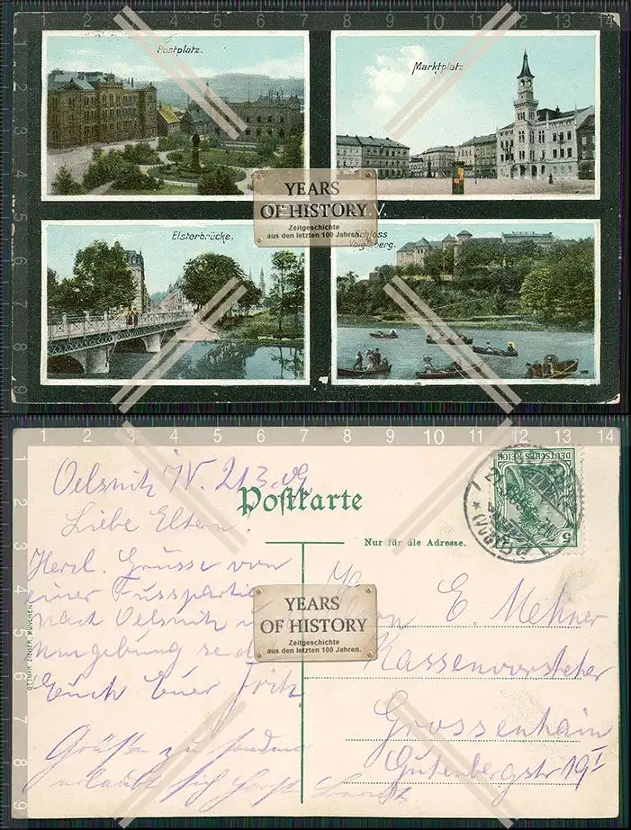 AK Oelsnitz Vogtland 1909 gel. Postplatz Marktplatz Elsterbrücke Schloss Voigt