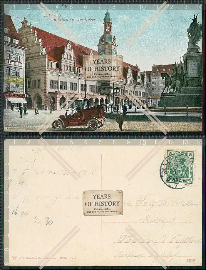 AK Leipzig altes Rathaus nach dem Umbau Oldtimer Fahrzeug PKW 1908 gelaufen