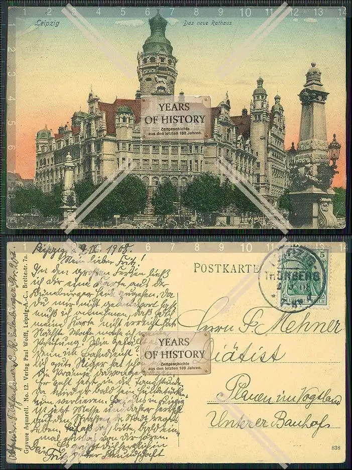 AK Leipzig das neue Rathaus 1908 gelaufen