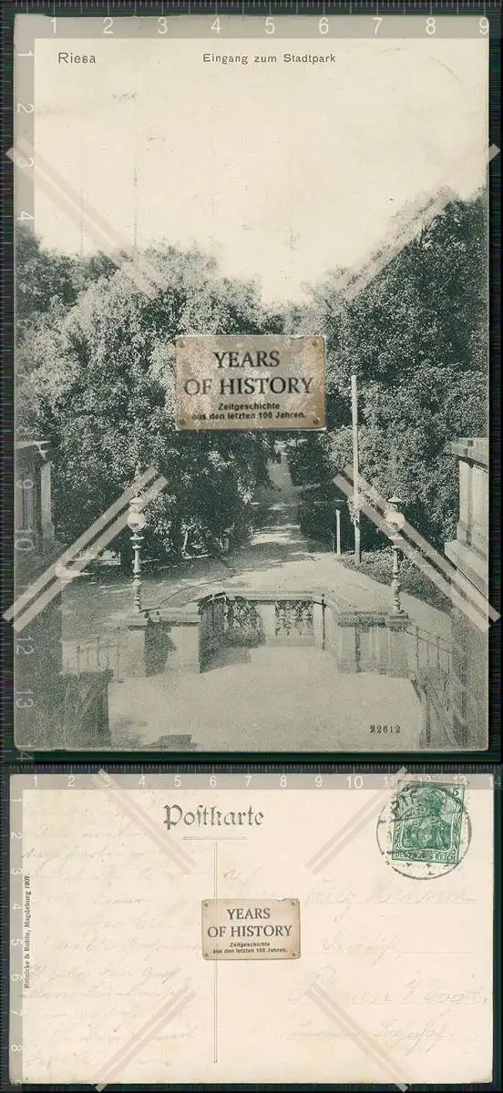 AK Riesa an der Elbe Sachsen Eingang zum Stadtpark 1908 gelaufen
