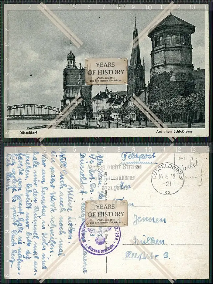 AK Düsseldorf am Rhein Schloss Turm 1942 Feldpost gelaufen