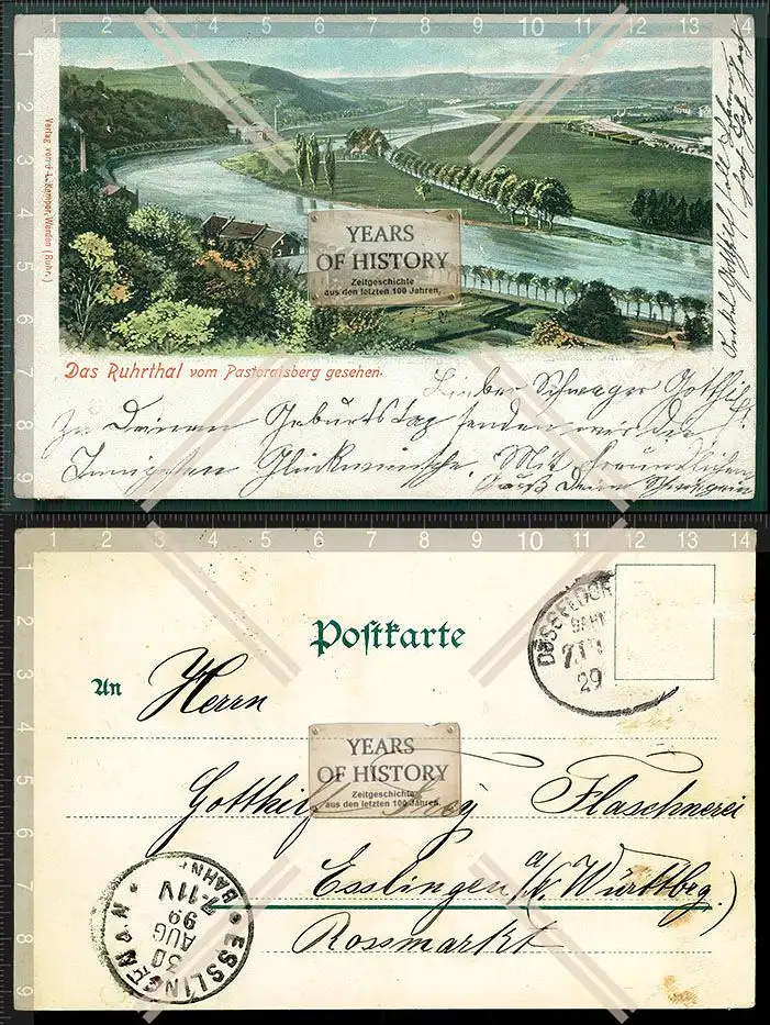 Orig. AK Das Ruhrthal vom Pastoralsberg Essen Werden gelaufen Bahn Post 1899