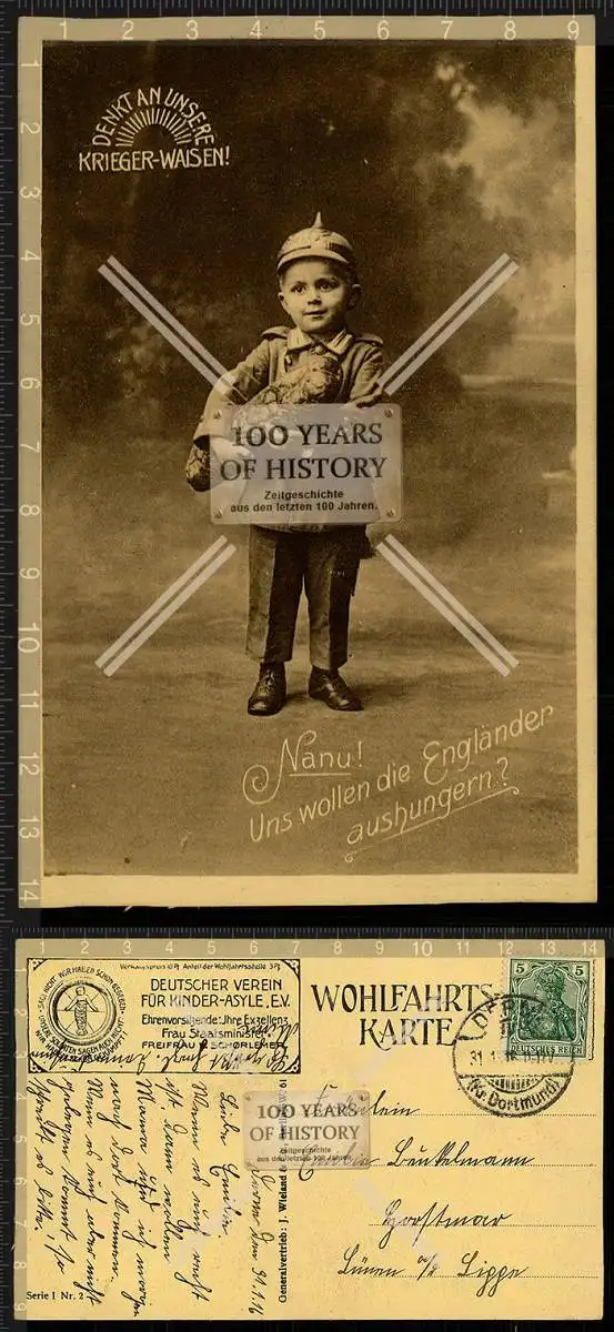 Orig. AK Feldpost Krieger-Waisen Kind Junge mit Pickelhaube gel. 1916