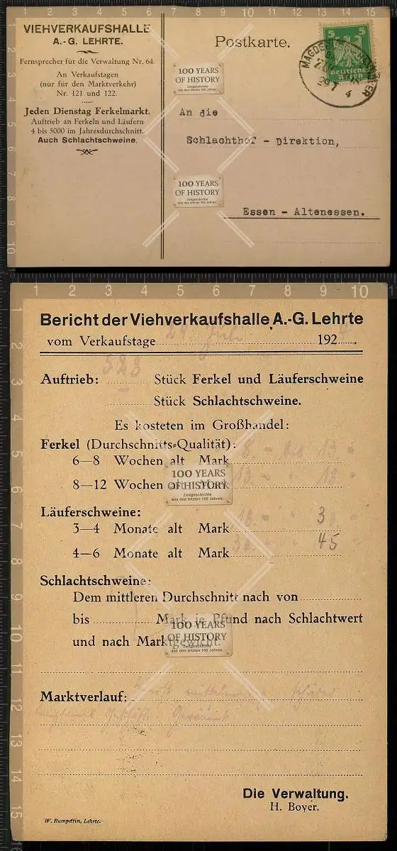 Original Postkarte Lehrte A. G. Viehverkaufshalle nach Essen Altenessen 1923-24