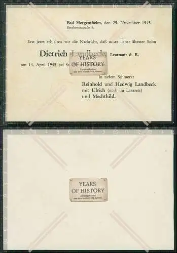 Mergentheim Leutnant Landback Karte Nachricht gef. Sankt Pölten 14. April 1945