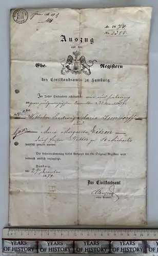 Aufnahme-Urkunde Hamburg 1879 - Ludwig Kunstorf - aus Grabow Ludwigslust-Parchim