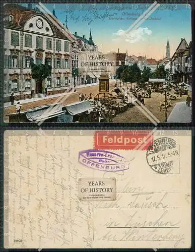 AK Offenburg 1917 Feldpost mit roter Marke gel. Drake Denkmal Rathaus Bahnhofst