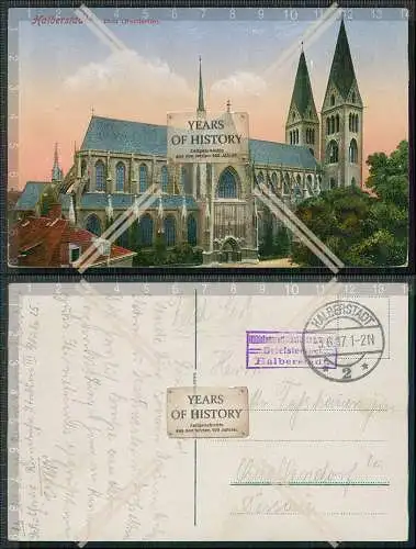 AK Halberstadt Dom 1917 Feldpost gel. mit Briefstempel Hilfslazarett Schul…