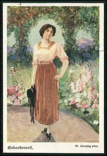 4x Künstler AK A. Herzing Serie 4212 Junge Dame Feldpost 1916 n. Essen Frintrop