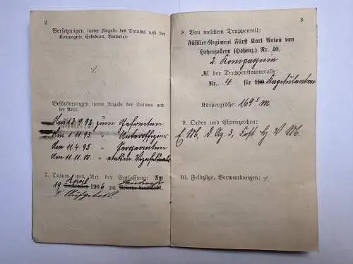 Militärpaß Soldbuch Zivilversorgungsschein W. Mann Montabaur Westerwald geb 1874