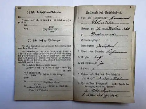 Militärpaß H. Schneider Dortmund - 8. Land. Inf. Ersatz Bataillon Münster uvm.